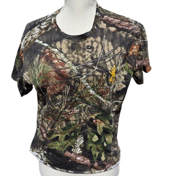 Browning Camo T-Shirt Hunting Outdoors Short Sleeve Graphic Tee Crop Cut S/P - Picture 1 of 4